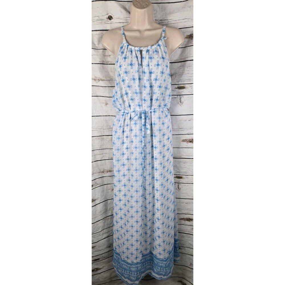 Old Navy Blue Print Maxi Dress XL Boho Womens Necklace Neckline Tie Belt